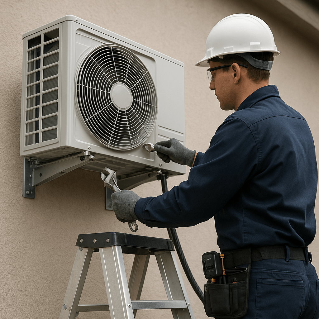 Techniker montiert Ausseneinheit